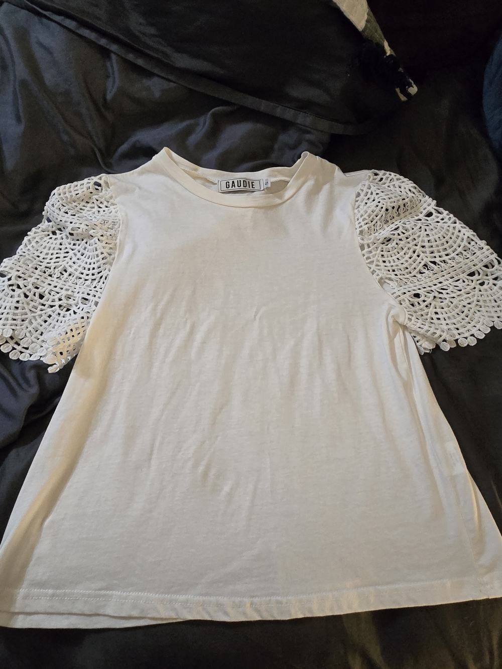 Gaudi' White Tee with Crochet Lace Short Sleeves
